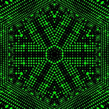 3D neon green sot and spot on a black background hexagonal floral fantasy with kaleidoscopic pattern