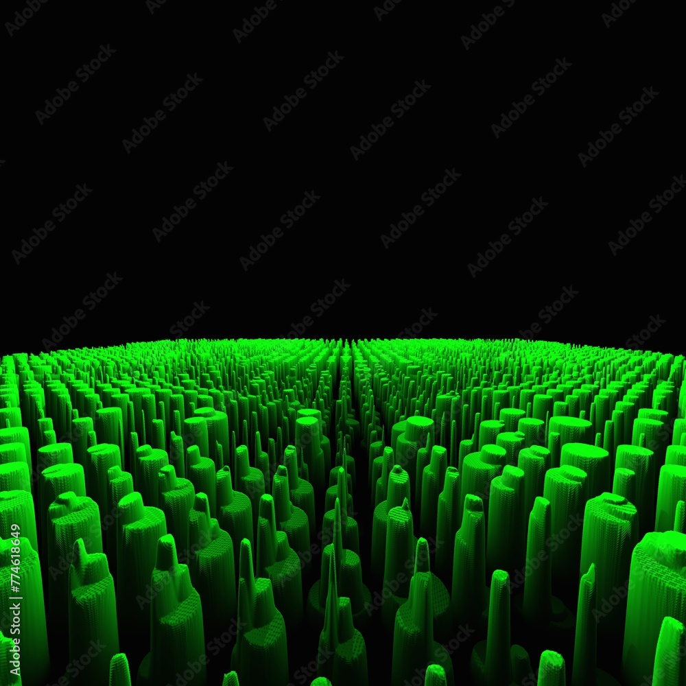 Poster far distant vanishing point and perspective in 3d exploding neon green studs on black