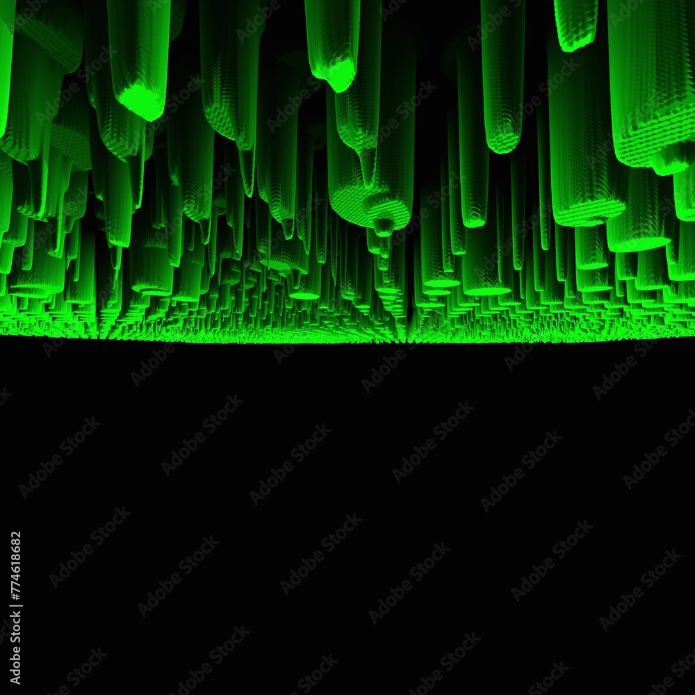 Poster far distant vanishing point and perspective in 3d exploding neon green studs on black