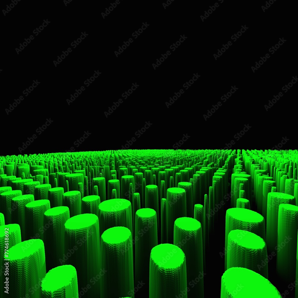Poster far distant vanishing point and perspective in 3d exploding neon green studs on black