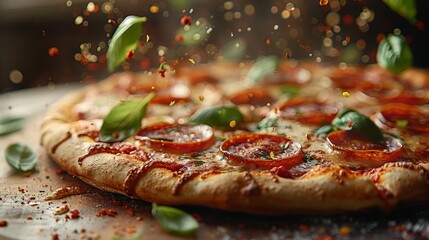  A close-up photo of a pizza with pepperoni and fresh basil, generously seasoned, placed on a cutting board - obrazy, fototapety, plakaty