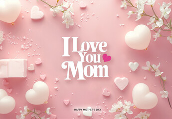 Heart balloon and wooden cubes on pastel pink 
background, "I love you, mom" message banner. happy mother's Day greeting card, top view