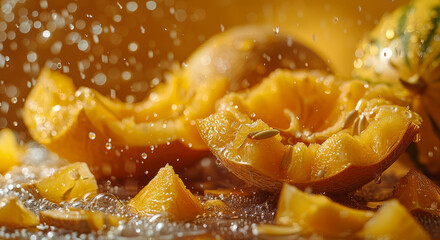    a close-up of a fruit peel, featuring droplets of water at the top and bottom