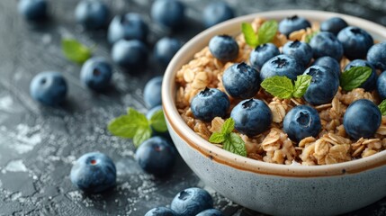   A bowl of oatmeal topped with blueberries and mint sprigs, placed on a gray background with some additional blueberries strewn nearby - obrazy, fototapety, plakaty