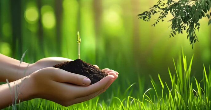 Hands holding a growing plant, go green concept. Seamless looping time-lapse 4k video animation background