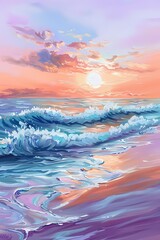 Abstract Minimal Beach sunset oil painting, Pastel color palette, home decor wall art, digital art print - obrazy, fototapety, plakaty