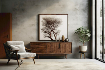 Visualize a stylish lounge area adorned with a wooden cabinet and dresser against a textured...