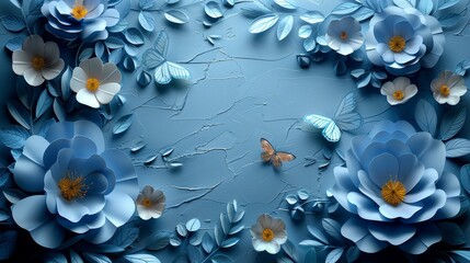   Blue flowers and a butterfly on a blue background with a hole in the center - obrazy, fototapety, plakaty