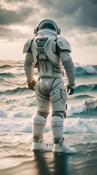 an astronaut in white futuristic cybernetic armour