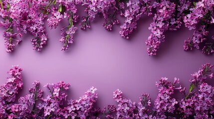   A purple lilac arrangement against a purple backdrop, with space for a text or image on a card - obrazy, fototapety, plakaty