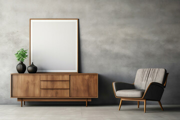 Visualize a modern lounge area featuring a wooden cabinet and dresser against a textured concrete...