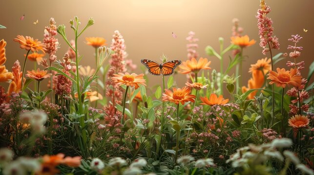  A flower field with a butterfly flying above one of the blooms, framed in the center of the photo