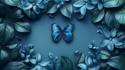   A blue butterfly on a blue background with green leaves and blue flowers