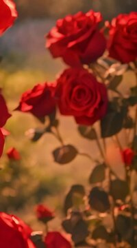 Luminous red roses in a dark rose forest, a rose path, rose trees, giant roses 