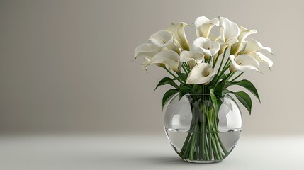   A vase with white flowers on a white table, against gray walls