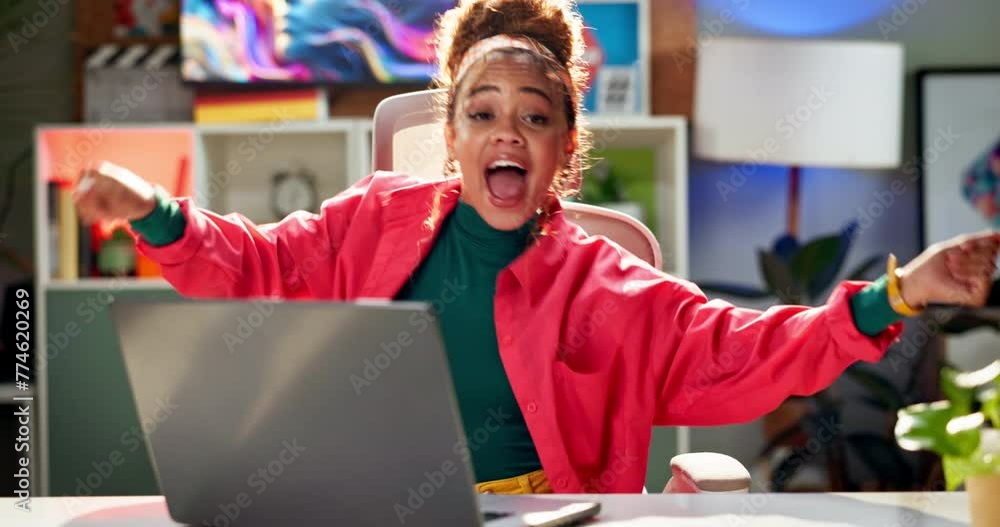 Poster work, laptop and dancing from break and music in office of a graphic designer with web audio. entrep