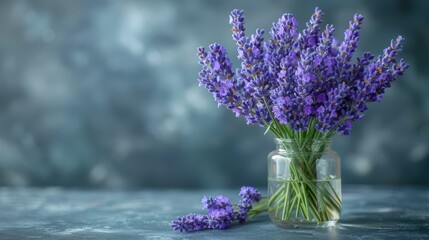   A vase with purple flowers sits on a blue tablecloth, accompanied by a glass jar holding the same hue - obrazy, fototapety, plakaty