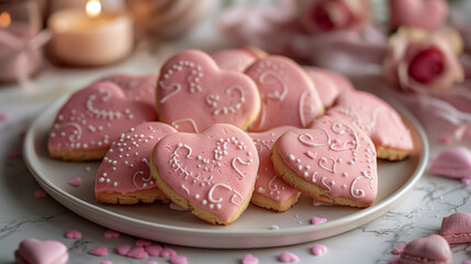 Romantic Pink Heart-Shaped Cookies on Elegant Plate, Delicate Rose Detailing