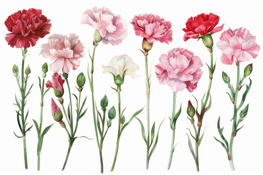 A series of pink and red flowers are shown in a row. The flowers are of various sizes and are arranged in a way that creates a sense of depth and dimension. Scene is one of beauty and serenity