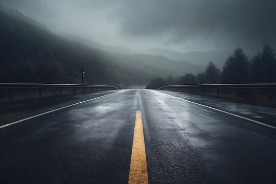 Night road in the desert with dark stormy sky and road markings