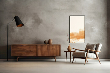 Visualize a modern lounge area featuring a wooden cabinet and dresser against a textured concrete...