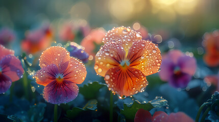 Fototapeta na wymiar Dawn's Radiance on Dewy Pansies, Warm Sunlight Caressing Petals