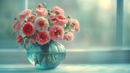   A vase with pink flowers sits atop a blue window sill