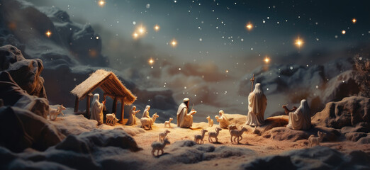 Birth of Jesus Christ. Christmas Nativity Scene, Jesus Christ, Mary and Joseph. - obrazy, fototapety, plakaty
