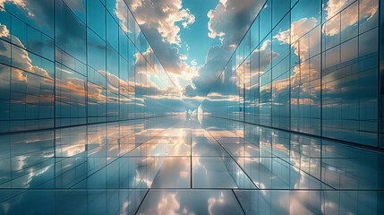 Reflective Journey through a Modern Chrome Corridor, Sky Meets Architecture - Powered by Adobe