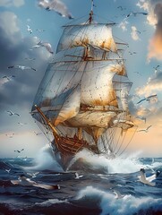 Sailing ship with clear blue sky oil painting, home decor wall art, digital art print - obrazy, fototapety, plakaty