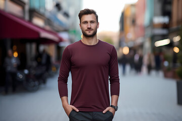 A professional mockup photo of an attractive fit man wearing dark red longsleeved roundneck tshirt,