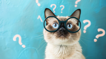 Curious and perplexed cat has a lot of questions, confused cat student, study learning education concept. - obrazy, fototapety, plakaty