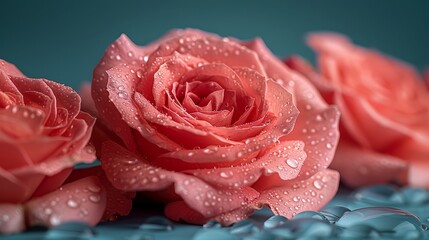   A close-up of three pink roses with water droplets on the petals