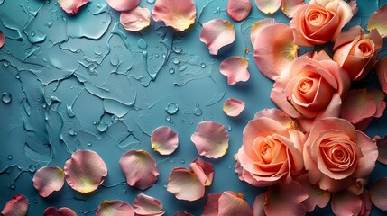   A cluster of pink roses resting atop a blue background, featuring water droplets on petal tips - obrazy, fototapety, plakaty