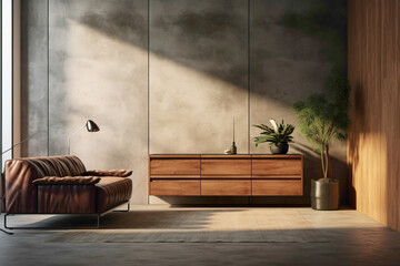 Visualize a contemporary lounge area adorned with a wooden cabinet and dresser against a textured...
