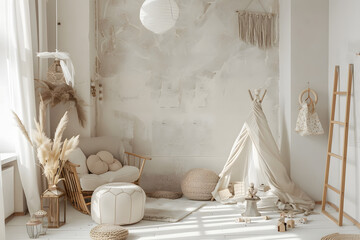 Kids modern photo studio interior with white brown colors