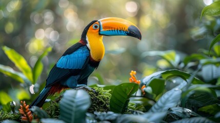 Naklejka premium A vibrant toucan perched atop a leafy tree branch amidst a lush forest