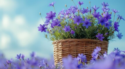 Fototapeta premium Basket filled with purple flowers atop field of wildflowers, set against blue sky