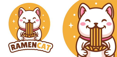 Clip art, icon, cartoon mascot, coloring book with a cat and ramen