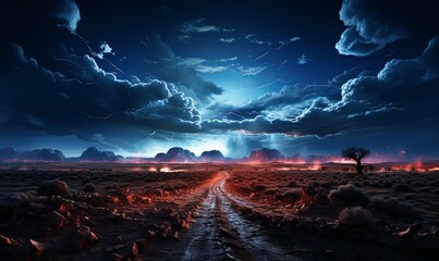Dirt Road Crossing Desert Under Cloudy Sky - obrazy, fototapety, plakaty