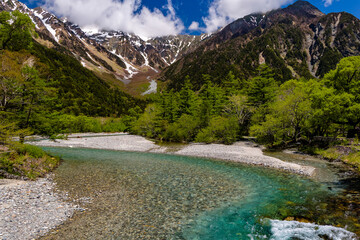Clear, fast flowing mountain river in a forested valley in front of snowy peaks