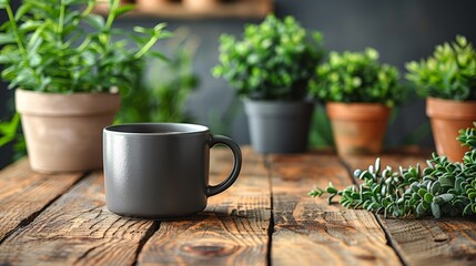   A cup of coffee sits atop a wooden table with potted plants surrounding it