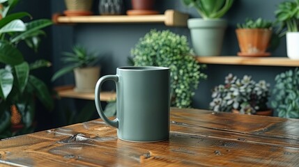 Fototapeta na wymiar Green coffee mug atop wooden table with potted plants and adjacent bookshelf