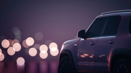 White SUV parked in front of a fence, minimal copy space available, with a touch of pale purple - obrazy, fototapety, plakaty