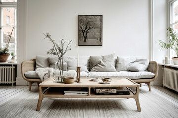 Two sofas and a vintage table in Scandinavian decor.