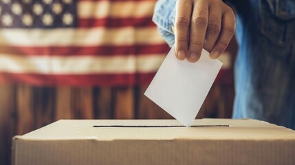 A person is seen putting a voting paper into a ballot box against the background of the USA flag - 774621889