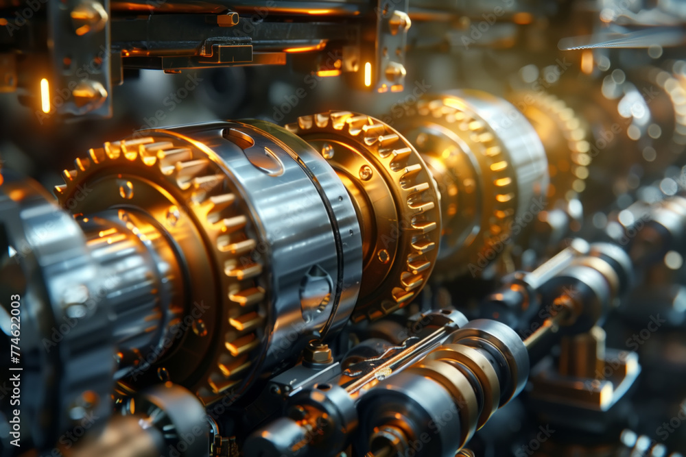 Poster this close-up view showcases a complex machine with multiple gears, illustrating the intricate mecha