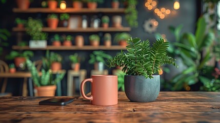   A table with a cell phone and potted plant on top, alongside a cup of coffee