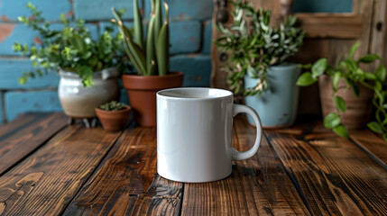   White coffee mug atop wooden table with potted plants and succulents nearby
