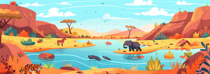 Fototapeta na wymiar A cute cartoon elephant, hippopotamus and zebra near the water in an African savannah landscape with desert mountains. 